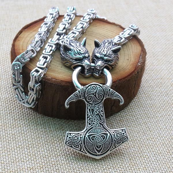 pendant necklaces men stainless steel necklace viking wolf head with raven's mjolnir hammer norse talisman ethnic jewelry, Silver
pendant necklaces men stainless steel necklace viking wolf head with raven's mjolnir hammer norse talisman ethnic jewelry, Silver