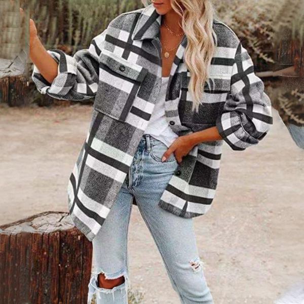 women's jackets 2021 autumn plaid jacket women woolen short coat long sleeve checkered shirt female winter casual outerwaer for wman, Black;brown
women's jackets 2021 autumn plaid jacket women woolen short coat long sleeve checkered shirt female winter casual outerwaer for wman, Black;brown