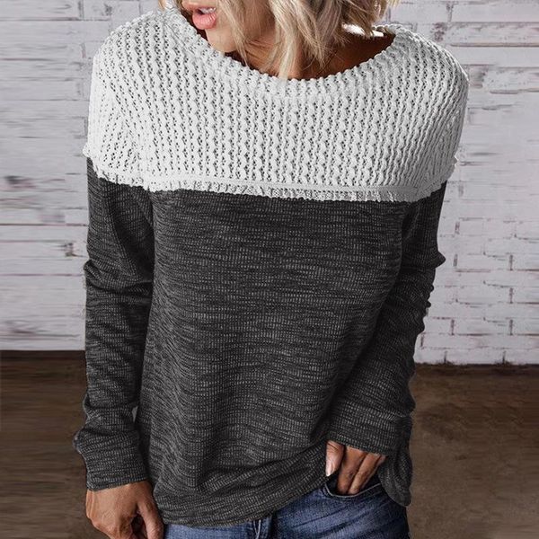 women's sweaters long-sleeved sweater women european and american stitching round neck loose, White;black
women's sweaters long-sleeved sweater women european and american stitching round neck loose, White;black