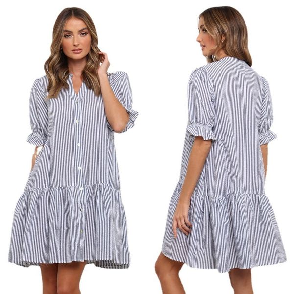 women's dresses 2021 summer striped single breasted cardigan stitched medium sleeve for women, Black;gray
women's dresses 2021 summer striped single breasted cardigan stitched medium sleeve for women, Black;gray