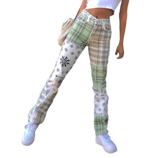 women's jeans autumn check pattern splicing color casual street style hip hop pants, Blue
women's jeans autumn check pattern splicing color casual street style hip hop pants, Blue