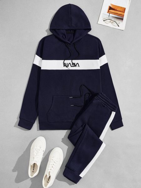 men two tone letter graphic drawstring hoodie & sweatpants 96kc#, Gray