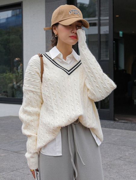 dazy cable knit drop shoulder striped trim cricket sweater without blouse c2ly#, White 
dazy cable knit drop shoulder striped trim cricket sweater without blouse c2ly#, White