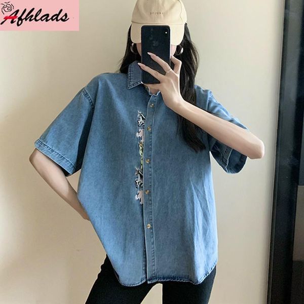 women's jackets spring and summer loose casual denim embroidery shirt short sleeved single-breasted streetwear blouse, Black;brown
women's jackets spring and summer loose casual denim embroidery shirt short sleeved single-breasted streetwear blouse, Black;brown