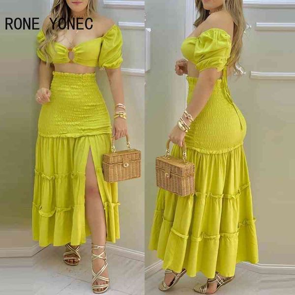 women elegant outfits o-ring crop & frill hem shirred slit maxi skirt set casual summer set 210407, White
women elegant outfits o-ring crop & frill hem shirred slit maxi skirt set casual summer set 210407, White
