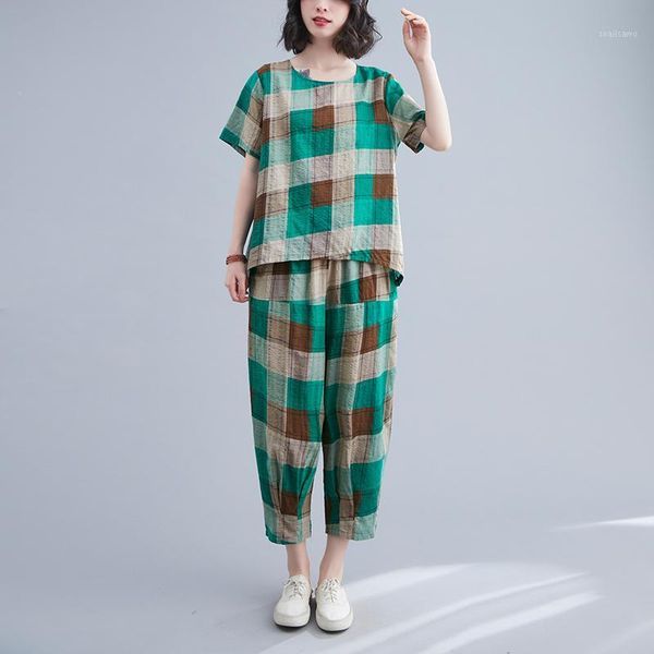 women's two piece pants plaid fashion summer set loose harem women clothes thin soft cotton linen casual vintage suits, White
women's two piece pants plaid fashion summer set loose harem women clothes thin soft cotton linen casual vintage suits, White
