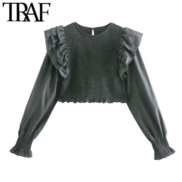 women sweet fashion with ruffle trims smocked elastic cropped blouses vintage long sleeve female shirts chic 210507, White
women sweet fashion with ruffle trims smocked elastic cropped blouses vintage long sleeve female shirts chic 210507, White