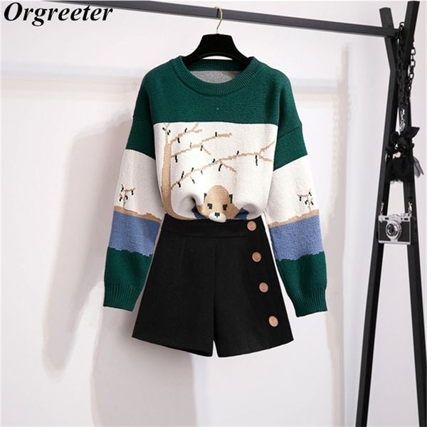 fashion women knitted suits o-neck loose sweater black single-breasted shorts sets for fall winter casual 210602, White
fashion women knitted suits o-neck loose sweater black single-breasted shorts sets for fall winter casual 210602, White
