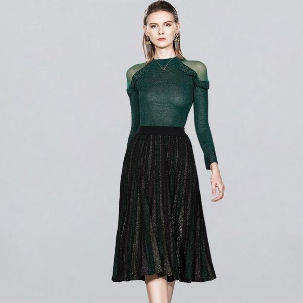 2 pieces suits women spring mesh stitching bright silk sweater & elastic waist pleated skirt vintage work casual set, Black;gray
2 pieces suits women spring mesh stitching bright silk sweater & elastic waist pleated skirt vintage work casual set, Black;gray