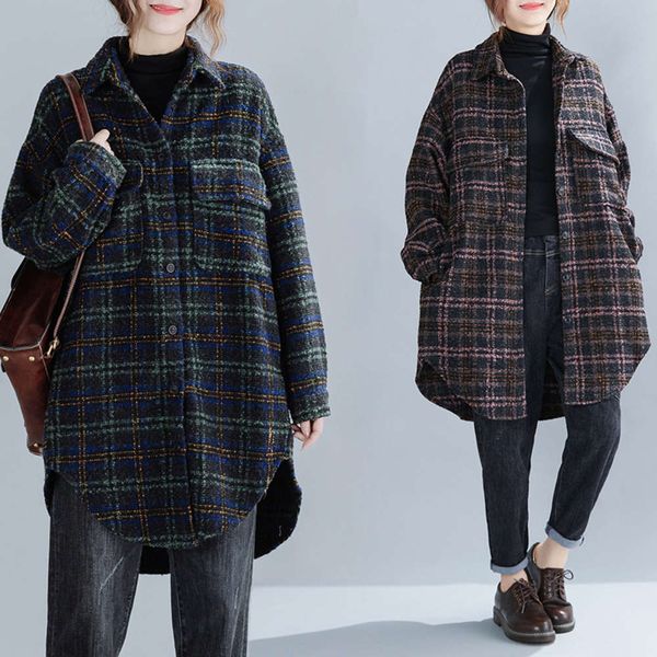 autumn and winter large women's loose medium long plaid thickened wool coat, Black;brown
autumn and winter large women's loose medium long plaid thickened wool coat, Black;brown