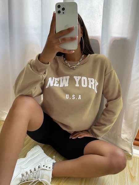 drop shoulder letter graphic pullover 18g3#, White;black