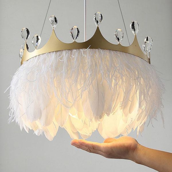 kobuc modern white feather pendant lights gold crown girl's room hanging lamp with crystal decor for bedroom el ac110v 220v lamps
kobuc modern white feather pendant lights gold crown girl's room hanging lamp with crystal decor for bedroom el ac110v 220v lamps