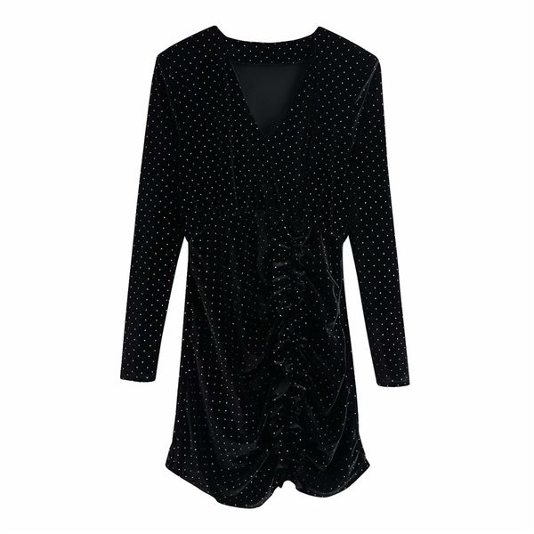 elegant women silvery dot slim dresses fashion ladies draped ruffles velvet dress female chic v-neck mini vestidos 210427, Black;gray
elegant women silvery dot slim dresses fashion ladies draped ruffles velvet dress female chic v-neck mini vestidos 210427, Black;gray