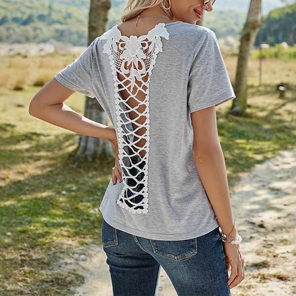 women's t-shirt slim solid color loose round neck cross open back lace stitching short sleeve, White
women's t-shirt slim solid color loose round neck cross open back lace stitching short sleeve, White