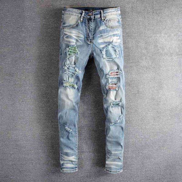 color 656 am fashion brand elastic drill pierced jeans high street slim beggars pants men's, Blue 
color 656 am fashion brand elastic drill pierced jeans high street slim beggars pants men's, Blue