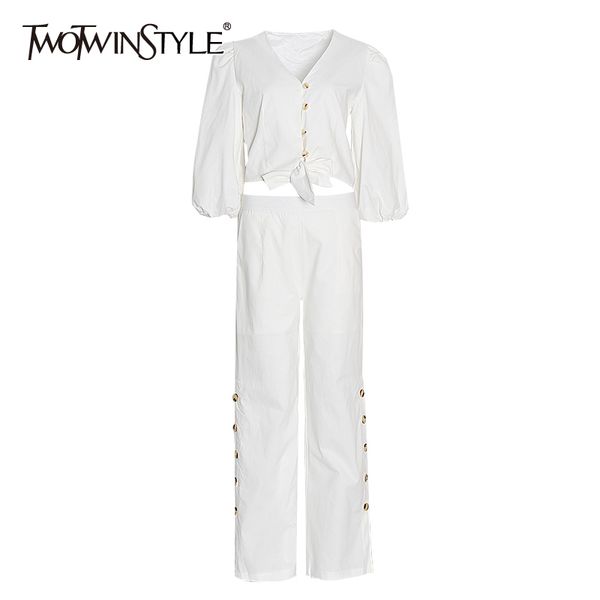 twotwinstyle casual two piece set for women v neck puff sleeve bowknot shirts high waist side split pants female suits fall 210517, White
twotwinstyle casual two piece set for women v neck puff sleeve bowknot shirts high waist side split pants female suits fall 210517, White