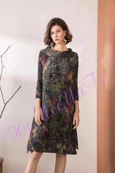 dress fashion fold print 7 minutes of sleeve turndown collar, Black;gray