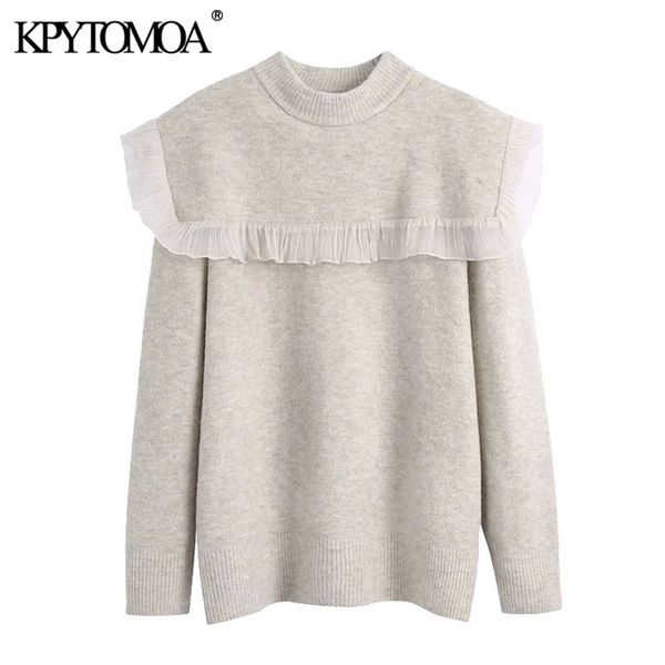 women fashion patchwork organza ruffled knitted sweater vintage o neck long sleeve female pullovers chic 210416, White;black
women fashion patchwork organza ruffled knitted sweater vintage o neck long sleeve female pullovers chic 210416, White;black
