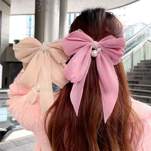 hair accessories pearl big bow clip sweet chiffon ruched spring hairclip trendy ribbon hairpin temperament ladies 
hair accessories pearl big bow clip sweet chiffon ruched spring hairclip trendy ribbon hairpin temperament ladies