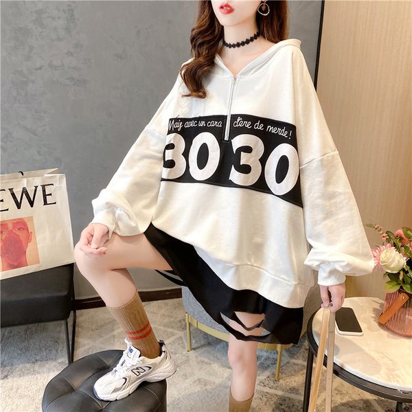 2021 spring and autumn large women's clothing korean version white edge hole fake two-piece hooded loose zipper sweater, Blue;black
2021 spring and autumn large women's clothing korean version white edge hole fake two-piece hooded loose zipper sweater, Blue;black