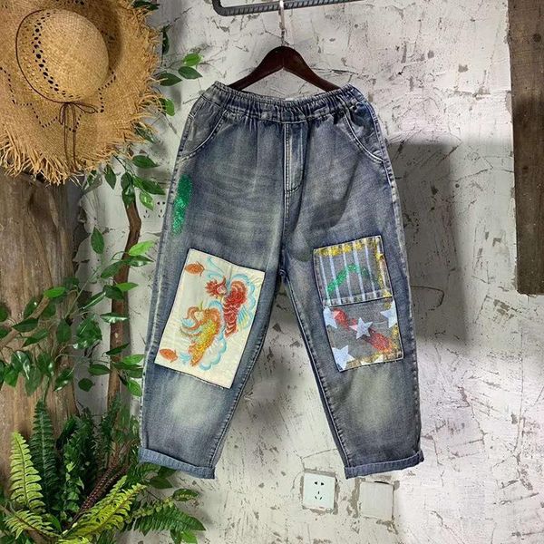 women's jeans vintage loose elastic waist embroidery cartoon letters denim pants scratched washed harem trousers streetwear thin 2021, Blue
women's jeans vintage loose elastic waist embroidery cartoon letters denim pants scratched washed harem trousers streetwear thin 2021, Blue