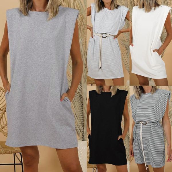 women dresses mini dress padded shoulder casual loose sleeveless streetwear striped straight lady cotton breathable 2021, Black;gray
women dresses mini dress padded shoulder casual loose sleeveless streetwear striped straight lady cotton breathable 2021, Black;gray