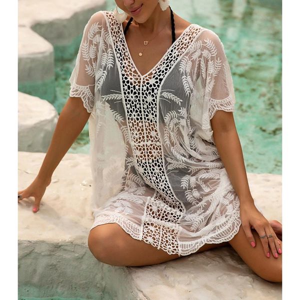 women's swimwear women hollow out beach dress short sleeve sheer crochet swimsuit cover up, White;black
women's swimwear women hollow out beach dress short sleeve sheer crochet swimsuit cover up, White;black