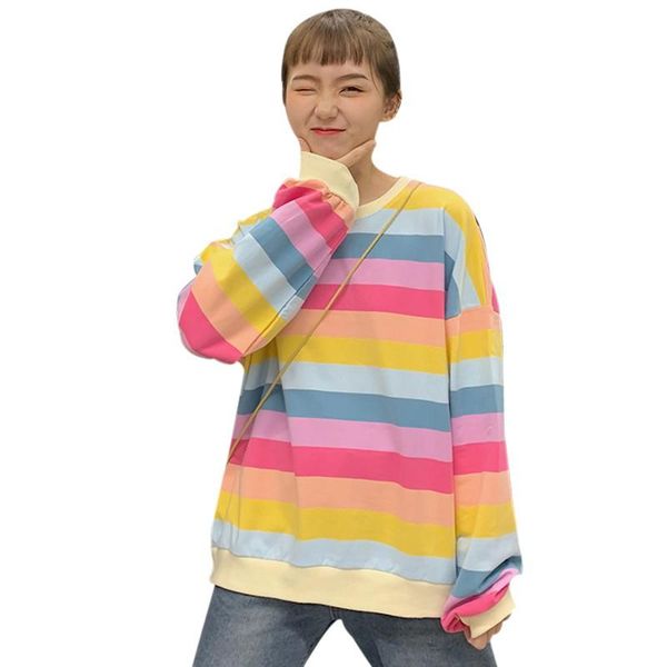 women's t-shirt fashion personality sweet rainbow stripes loose long-sleeved o-neck shirt 2021, White
women's t-shirt fashion personality sweet rainbow stripes loose long-sleeved o-neck shirt 2021, White