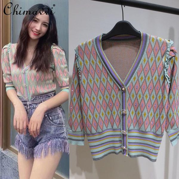 women's knits & tees vintage jacquard argyle rhinestone stringy selvedge lacework sweater women half sleeve v-neck cardigan knitted, White 
women's knits & tees vintage jacquard argyle rhinestone stringy selvedge lacework sweater women half sleeve v-neck cardigan knitted, White