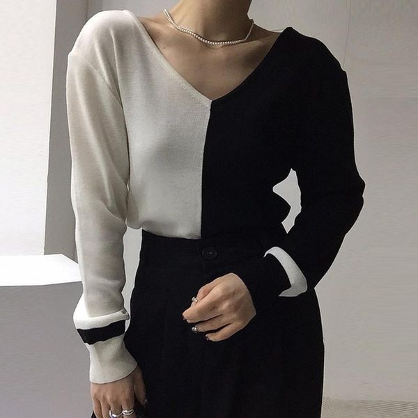 women's sweaters korean chic v neck long sleeve color contrast sweater women loose casual vintage autumn 2021 knit all match sueter, White;black
women's sweaters korean chic v neck long sleeve color contrast sweater women loose casual vintage autumn 2021 knit all match sueter, White;black