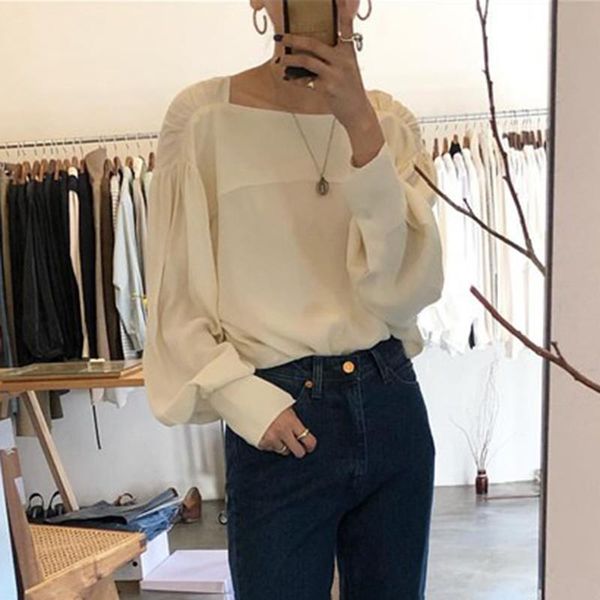 women's blouses & shirts 2021 summer vintage square collar plus size ladies shirt elegant korea womens beige and t279, White 
women's blouses & shirts 2021 summer vintage square collar plus size ladies shirt elegant korea womens beige and t279, White