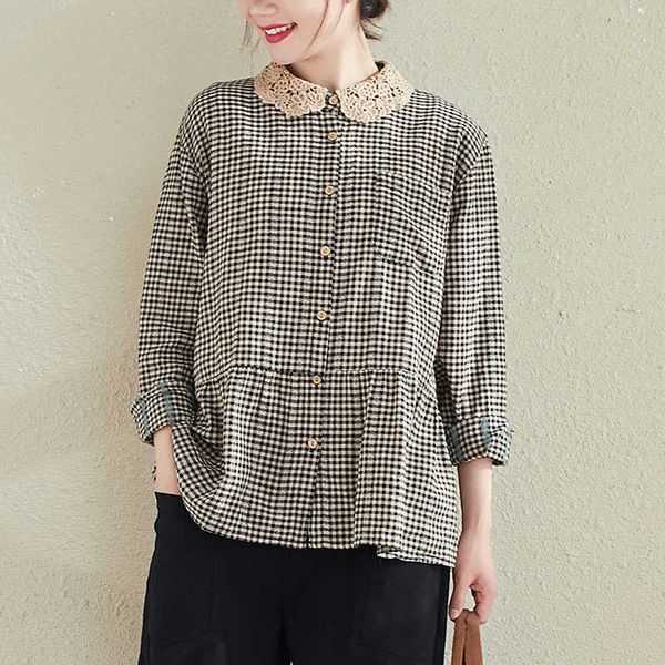women's blouses & shirts spring arts style women long sleeve loose lace peter pan collar cotton linen plaid blou e4t8, White
women's blouses & shirts spring arts style women long sleeve loose lace peter pan collar cotton linen plaid blou e4t8, White