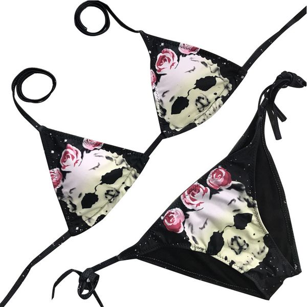 chenxi swimsuit new women skeleton printed bikini split, White;black