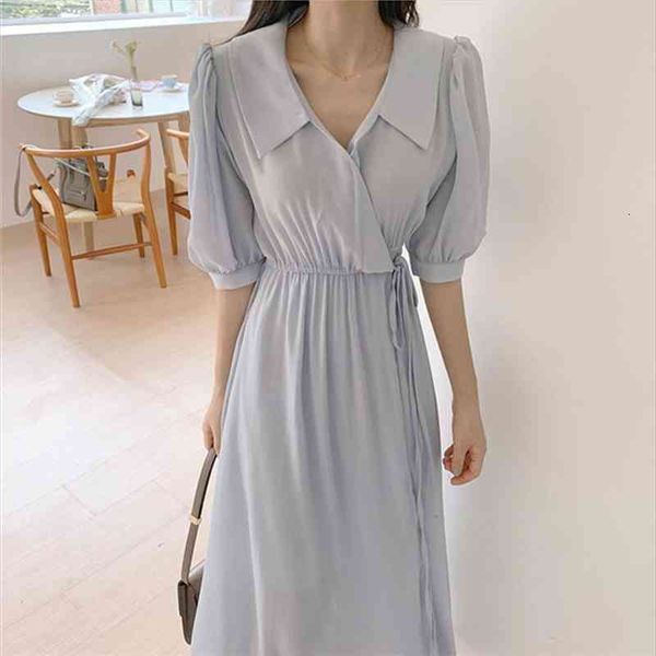 women summer shirt dresses fashionable elegant lace up vintage korean style oversize puff sleeve long blue dress dr2179, Black;gray
women summer shirt dresses fashionable elegant lace up vintage korean style oversize puff sleeve long blue dress dr2179, Black;gray