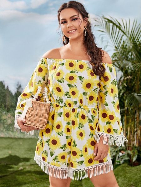 plus allover floral print off shoulder fringe trim romper h2fq#, Black
plus allover floral print off shoulder fringe trim romper h2fq#, Black