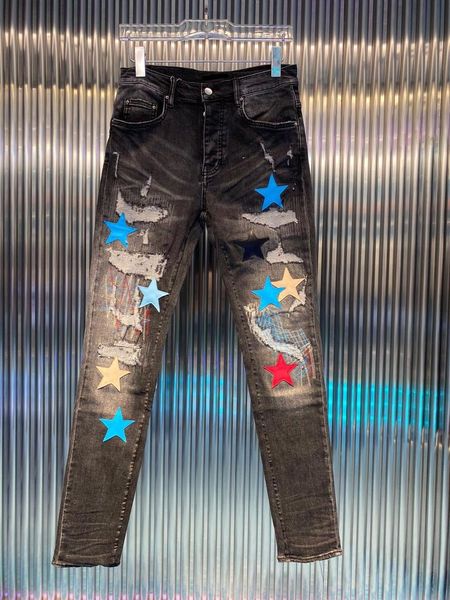 men's jeans quality ripped high embroidery star slim stretch personalized fashion embroidered pants, Blue
men's jeans quality ripped high embroidery star slim stretch personalized fashion embroidered pants, Blue