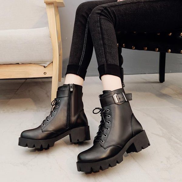winter women's boots short tube flat bottom non-slip lace belt buckle locomotive women shoes, Black
winter women's boots short tube flat bottom non-slip lace belt buckle locomotive women shoes, Black