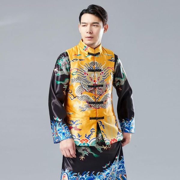 men's vests dragon cotton waistcoat chinese national style printed casual stand collar plate buckle emperor performance suit, Black;white
men's vests dragon cotton waistcoat chinese national style printed casual stand collar plate buckle emperor performance suit, Black;white
