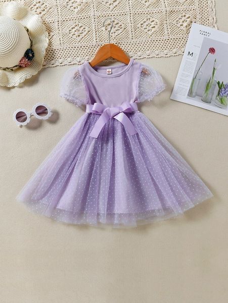 toddler girls dobby mesh overlay puff sleeve belted dress she, Red;yellow