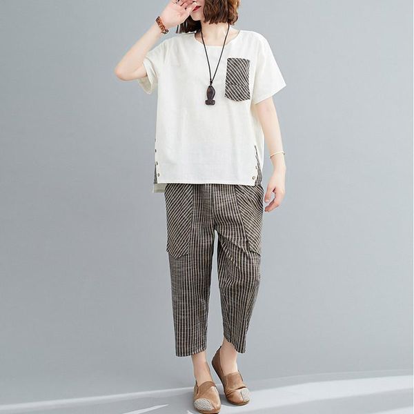 women's two piece pants johnature 2021 summer casual loose women pieces sets irregular striped elastic waist ankle-length pant female, White
women's two piece pants johnature 2021 summer casual loose women pieces sets irregular striped elastic waist ankle-length pant female, White