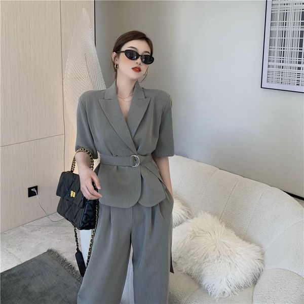 women's two piece pants office suit summer gray short sleeve blazer female outfit high waist wide leg casual two-piece set with belt, White
women's two piece pants office suit summer gray short sleeve blazer female outfit high waist wide leg casual two-piece set with belt, White