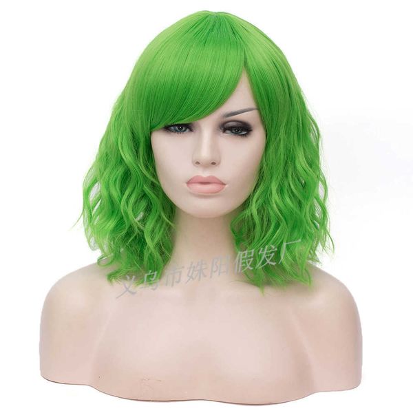 fashion wig soft green oblique bangs curly second hair, Black 
fashion wig soft green oblique bangs curly second hair, Black