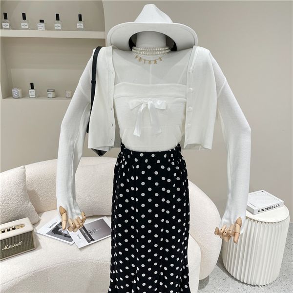 sweater spring niche design summer female fashion cleavage in single breasted cardigan jacket mesh + short bow vest on chest, White;black