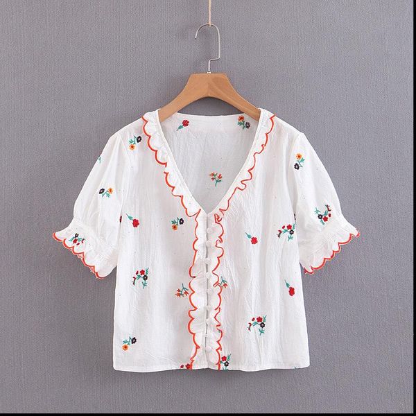 ruffled sweet floral embroidery womens shirts v neck transparent short sleeve chic summer, White
ruffled sweet floral embroidery womens shirts v neck transparent short sleeve chic summer, White