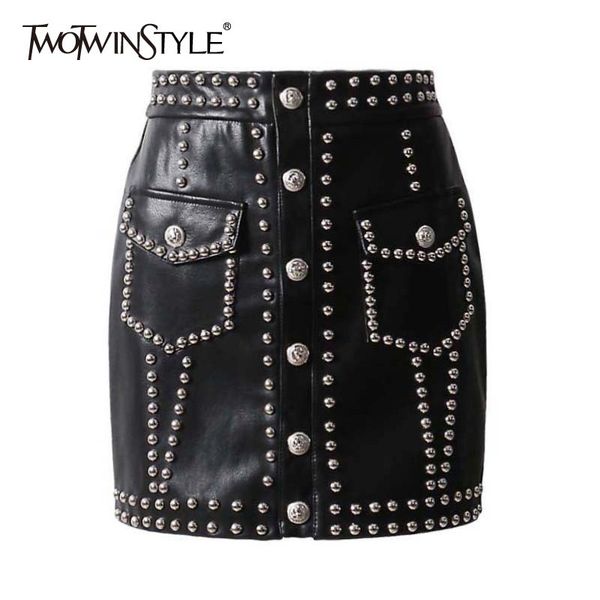 twotwinstyle heavy rivets pu leather skirts high waist single breasted mini skirt for women punk style 2021 spring fashion, Black
twotwinstyle heavy rivets pu leather skirts high waist single breasted mini skirt for women punk style 2021 spring fashion, Black