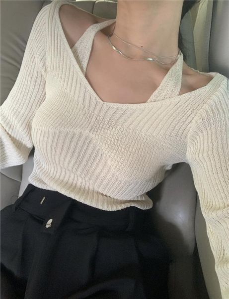 women's sweaters 2021 two-piece halter white sweater autumn long sleeve slim tight bottoming top, White;black
women's sweaters 2021 two-piece halter white sweater autumn long sleeve slim tight bottoming top, White;black