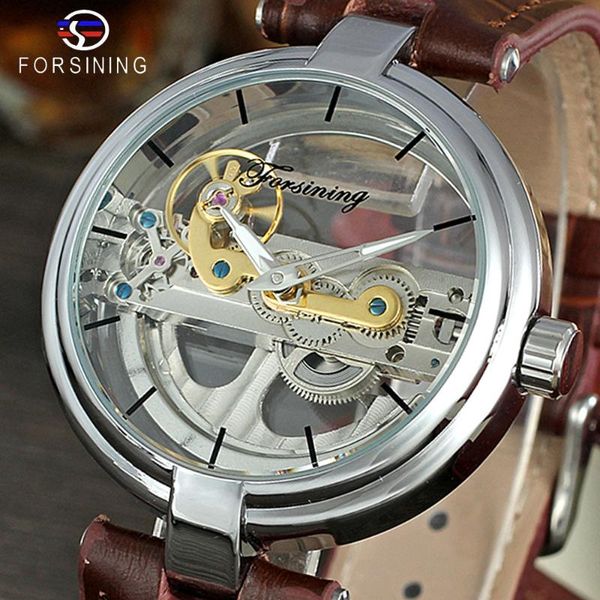 

wristwatches forsining men's high end vintage automatic movement unique style genuine leather strap skeleton wristwatch relojes, Slivery;brown