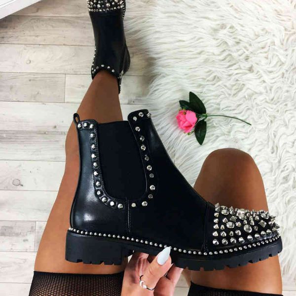 dress shoes hkxn winter punk rivet short boots women round head toe leather booties studded thick low heels chelsea ankle plush t02 p4wb, Black 
dress shoes hkxn winter punk rivet short boots women round head toe leather booties studded thick low heels chelsea ankle plush t02 p4wb, Black