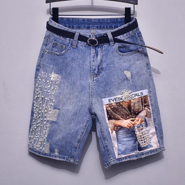 women's jeans knee length ripped for women beaded sequins hole shorts summer midi straight denim arrival woman pants, Blue 
women's jeans knee length ripped for women beaded sequins hole shorts summer midi straight denim arrival woman pants, Blue