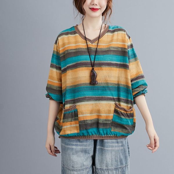 women autumn cotton linen casual blouses new vintage v-neck striped loose comfortable female long sleeve shirts s2069 210412, White
women autumn cotton linen casual blouses new vintage v-neck striped loose comfortable female long sleeve shirts s2069 210412, White